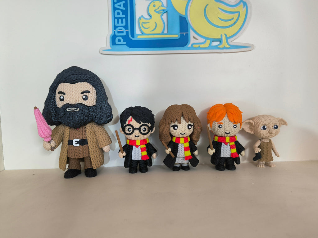 Pack Harry Potter - Figuras 3D Crochet (Hagrid, Harry, Hermione, Ron y Dobby)